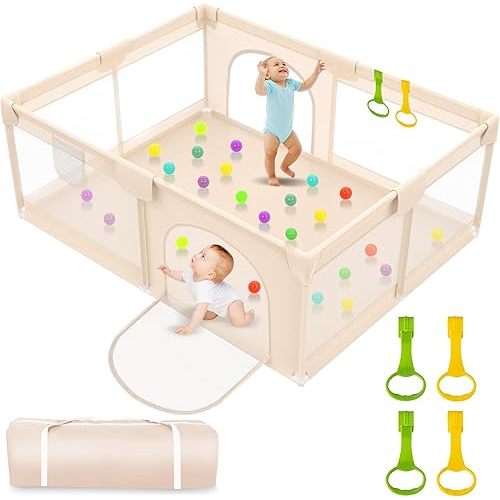 Playpen for Babies and Toddlers 71x59inch - Extra Large Baby Gate Playpen with Soft Breathable Mesh Cover - Indoor and Outdoor Baby Playpen - Portable Playpen for Babies (Apricot)
