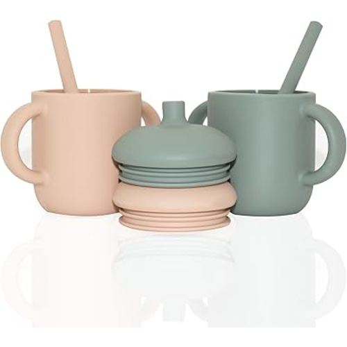 Silicone Straw Cup, silicone sippy cups for baby, 100% Soft Silicone Straw Trainer Cup For Infant, silicone sippy cup baby, 5 Oz (Pink & Armygreen 2 Pieces)