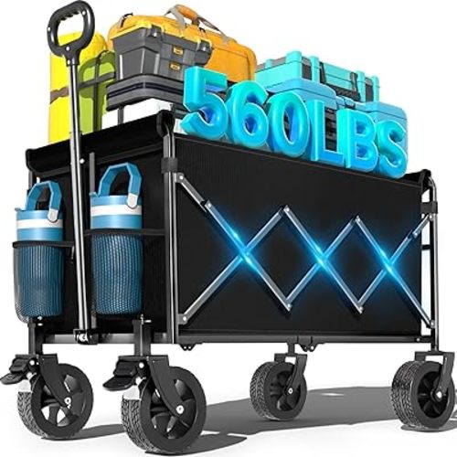 Wagons Carts Foldable, Beach Wagon with Brakes & All-Terrain Wheels 560LBS Capacity Collapsible Wagon for Trips, Outdoor Camping, Sports & Garden Use – Black