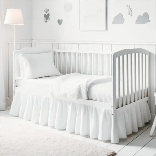 White Crib Skirt. Soft Tulle Crib Skirt. Elegant Sheer Sheet Crib Skirt. Gender Neutral Crib Bed Skirt- A Timeless Crib Accessory. Ruffle Crib Skirt Great for Adding Charm in Your Baby's Nursery Room.