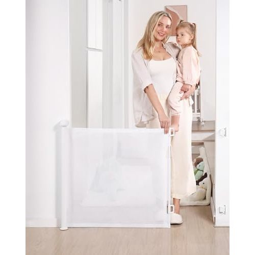 Likzest Retractable Baby Gate, Mesh Baby and Pet Gate 33" Tall, Extends up to 55" Wide, Child Safety Baby Gates for Stairs Doorways Hallways, Dog Gate Cat Gate for Indoor and Outdoor (White)