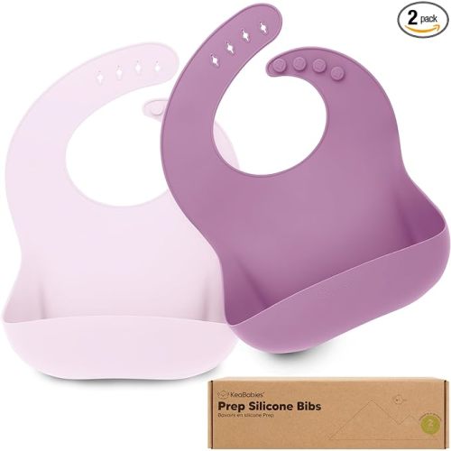KeaBabies 2-Pack Silicone Bibs for Babies, Toddlers Girl, Boy – Sturdy Food-Grade Baby Bibs for Eating, Large Food Catcher, Clean & Put On Easily, Waterproof Toddler Feeding Essentials (Amethyst)