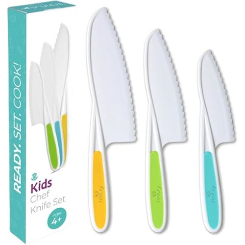 Tovla Jr. Knives for Kids 3-Piece Kitchen Cooking and Baking Knife Set: Montessori Children's Knives in 3 Sizes & Colors/Firm Grip, Serrated Edges, BPA-Free Kids' Toddler Knives (colors vary)