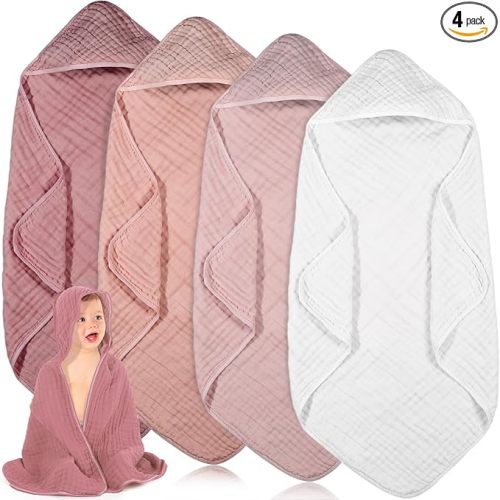 Peryiter 4 Pcs Muslin Hooded Baby Towels for Girls Boys Newborn Toddler 32 x 32 Inch Cotton Infant Swaddle Blankets Bath Essentials, Soft and Absorbent (Light Pink)