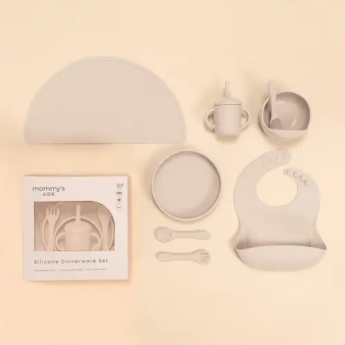 Mommy's Ark 10-Piece Dinnerware Set: Food-Grade Essentials! Dishwasher-Safe Convenience: Bowl & Spoon Set™, Silicone Plate, Catch-All™ Bib, Fork + Spoon Set, Spill-Proof Sippy Cup, Non-Slip Place Mat
