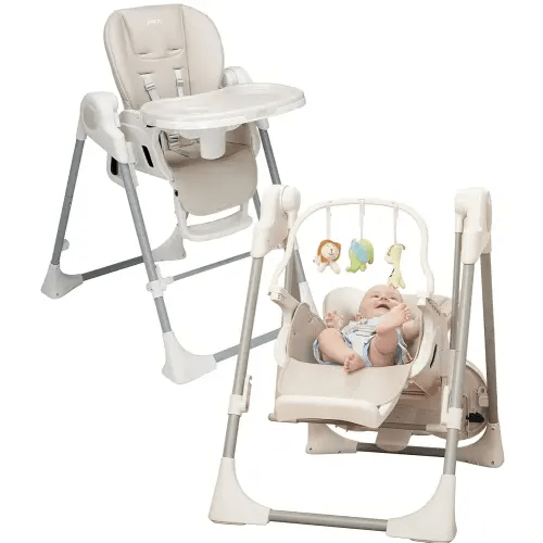 PrimoBaby SnuggleBug 2-in-1 Infant Swing & High Chair, Adjustable Seat Recline, Height, & Feeding Tray, App Control, Music & Nature Sounds, Toy Bar, Ergonomic Cushion, 5 Point Safety Harness