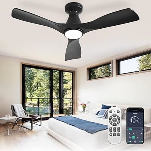 Depuley 42-Inch Ceiling Fans with Lights: Black 3 Blade Flush Mount Low Profile Ceiling Fan for Bedroom - Dimmable Indoor Outdoor Fan with Remote APP Control Ultra Quiet DC Motor Timer