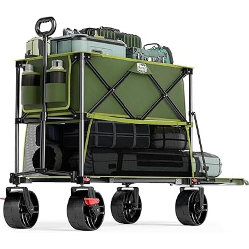 TIMBER RIDGE 400L Large Capacity Folding Double Decker Wagon with Brakes, 54" Extra Long Extender Wagon Cart, 450lbs Heavy Duty Collapsible Cart, All-Terrain Big Wheels for Camping, Sports, Shopping