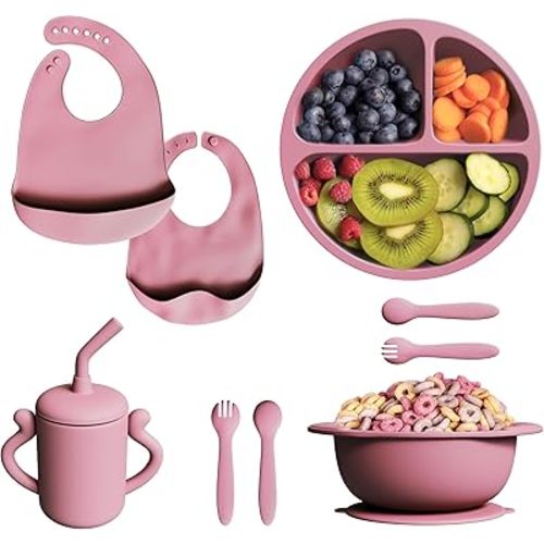 Silicone Baby Feeding Set, 9 Pcs, BPA-Free Baby & Toddler Feeding Kit with 2 Waterproof Bibs, Suction Plates & Bowls Set, Self-Feeding Baby Spoons, toddler plates for baby utensils 6-12 months, Pink