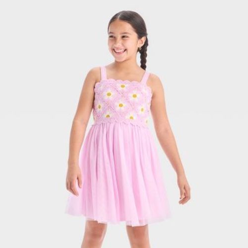 Zenzi Girls' Sleeveless Tulle Floral Dress - Pink XS: Polyester Mesh, A-Line, Pull-On, Square Back