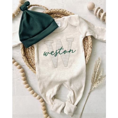 Personalized neutral baby romper with fold over footies, forest hat, custom boy coming home outfit, baby shower gift, Green Christmas