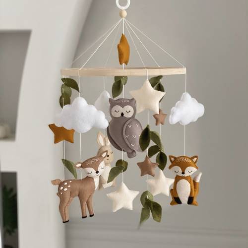 Woodland baby mobile neutral, baby mobile with forest animals deer hare fox owl, forest baby crib mobile, natural woodland nursery decor