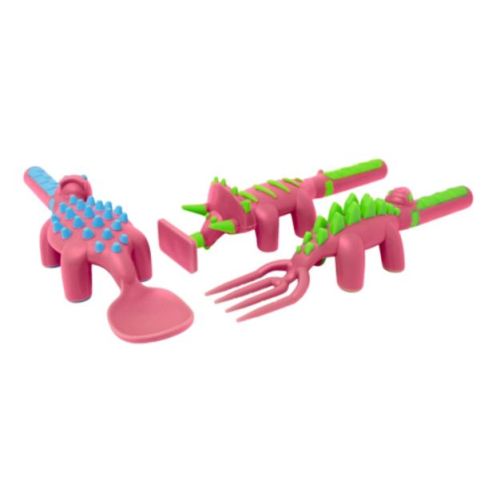 Constructive Eating Set Of 3 Dino Eating Utensils For Kids And Toddlers, Pink