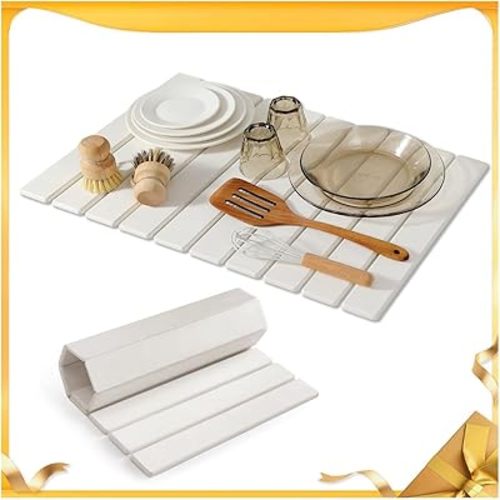 Stone Drying Mat for Kitchen Counter, 24"×16" Collapsible Diatomaceous Earth Dish Drying Mats, Fast Absorbent, Large Quick-drying Draining Mat for Dishes Cookware Cups