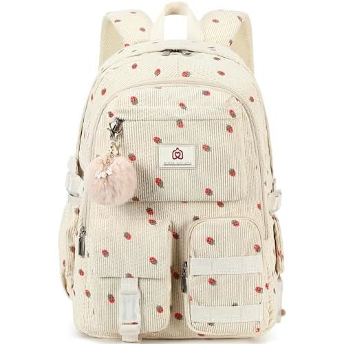 School Backpack for Teens Girls Women 15.6 Inch Laptop College Backpacks Corduroy Work Bag Kids Elementary Middle High Campus Bookbag Students Pack Travel Daypack Womens - Beige Strawberries
