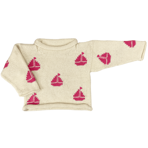 Ivory Pink Sailboats Roll Neck Sweater