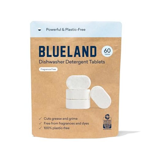 BLUELAND 100% Plastic-Free Dishwasher Detergent Tablets, 60 Count, Unscented Eco Friendly Dishwashing Pods, Natural, Sustainable