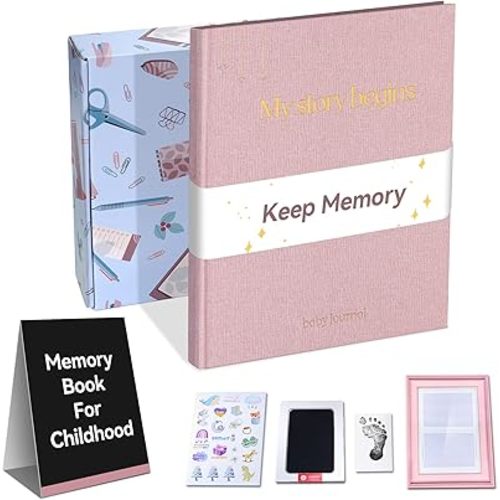 Memory Book for Parents: First 5 Years Baby Keepsake Album, Scrapbook with Inkless Handprint Kit, Gender Neutral Design, 10x8 Inch, Pink