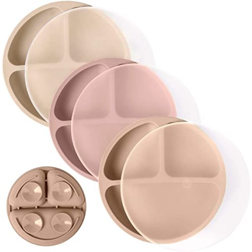 WeeSprout Suction Plates with Lids for Babies & Toddlers - 100% Silicone, Dinnerware Stays Put, Divided Design for Picky Eaters, Microwave & Dishwasher Friendly, 3 Pack - Matte Tan, Off White & Pink - With Lids