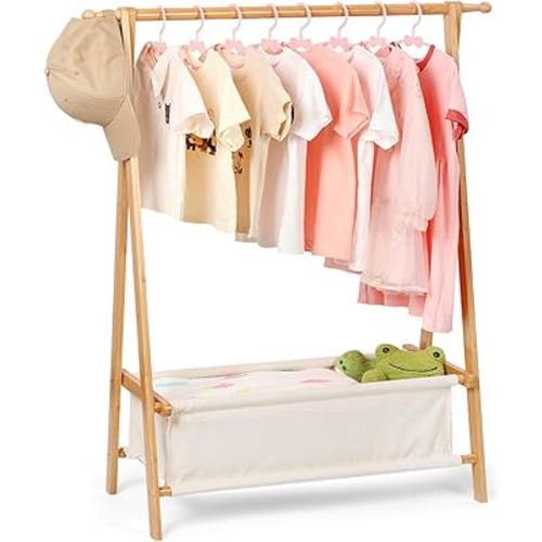 Kids Clothing Rack with Storage, Dress Up Rack, Child ClothesRack, Small Garment, for Costume, Bamboo (Natural Color)