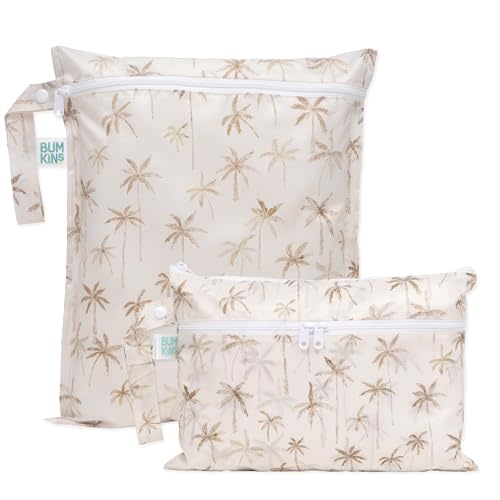 Bumkins Waterproof Wet Bag and Wet Dry Clutch Bags for Baby, Travel, Swim Suit, Cloth Diapers, Pump Parts, Pool, Gym Clothes, Toiletry, Hook to Stroller, Daycare, Zip Packing Pouch, 2-pk Palm Trees