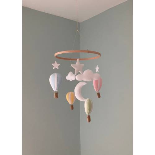 Hot Air Balloon Nursery Mobile: Felt Clouds, Moon & Stars Baby Decoration
