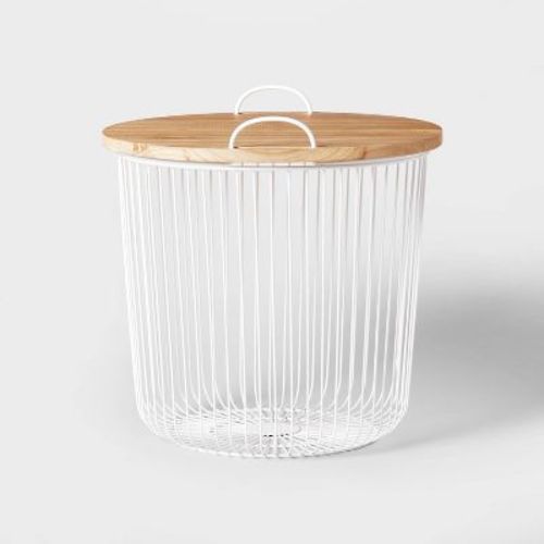 Wire Kids' Storage Floor Bin Gray - Pillowfort™: Round Metal & Wood Basket With Lid And Handles