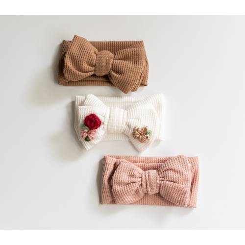 WAFFLE BOW HEADBAND - Custom Bow Headband, Embroidered Bow, Floral Bow Headband, Flower Headband, Baby Gift