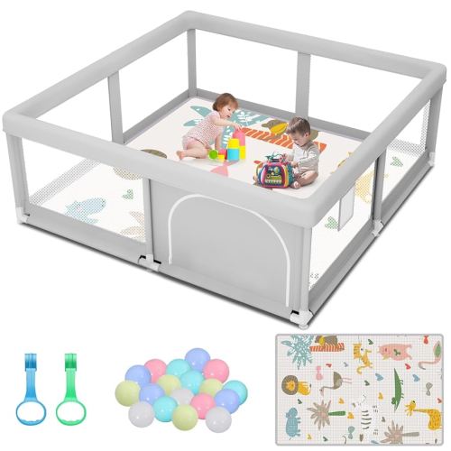 Baby Playpen with Mat and Ocean Balls 50x50 Inch, Play Pen for Babies and Toddlers with Gate, Baby Fence Sturdy Safety Playpen, Indoor & Outdoor Kids Activity Center
