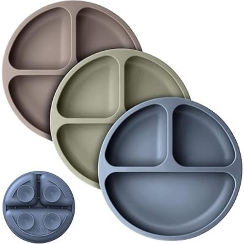 Cutebe 3 Pack Suction Plates for Baby Food Grade Silicone Baby Plates with Suction Microwave & Dishwasher Safe Toddler Plates Divided Design & Raised Edges Toddler Dishes for Feeding