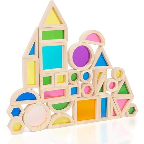 Wood Building Blocks Set for Kids, 32 Pcs Rainbow Stacker Stacking Game Construction Toys Set Preschool Colorful Learning Educational Toys, Geometry Wooden Blocks for Boys Girls