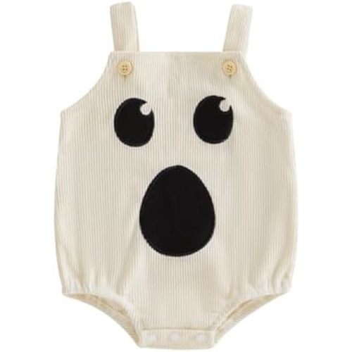 Lamuusaa Newborn Baby Girl Boy Halloween Outfit Sleeveless Ghost Embroidery Romper One Piece Ribbed Bodysuit Jumpsuit 0-18M
