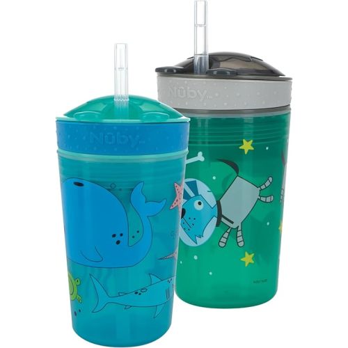 Nuby All in One: Snack Bowl and No Spill Soft Straw Cup | 2 Pack: Aqua Ocean Animals & Green Puppy Dogs | Snack N' Sip | Holds: 4.5 oz Snack Container with Lid and 9 oz | 12 Months +