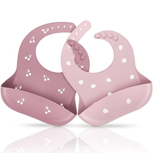 ME.FAN Silicone Baby Bibs for Babies & Toddlers | Adjustable Silicone Bibs Set of 2 - Cherry-strawberry-dusty Rose/Pale Mauve