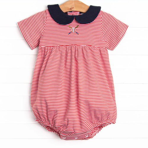 At the Ballpark Pima Embroidered Collared Bubble, Red Stripe – Stitchy Fish
