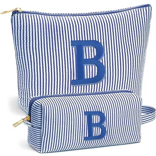 Birthday Gifts for Women - Custom Initial Makeup Bag Set, Portable Makeup Pouch Cosmetic Bag with Zipper, Travel Essentials Toiletry Bag Travel Gifts for Women, Blue B