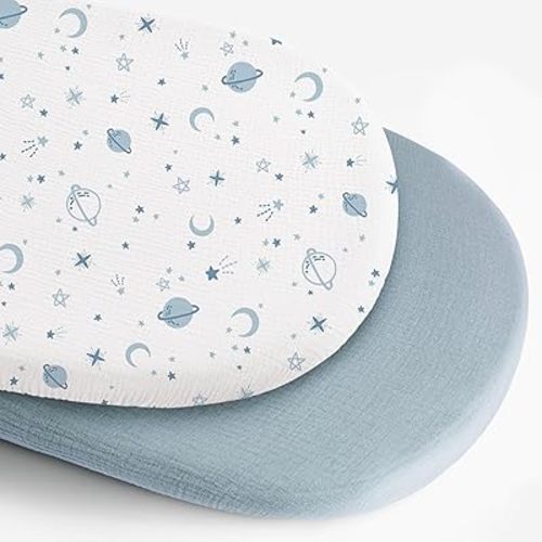 Konssy 2 Pack Muslin Bassinet Sheets for Baby Boy, 100% Cotton Soft Breathable Bassinet Mattress Sheets Fit for Hourglass Oval Cradle Rectangle Mattress (Star,Blue)