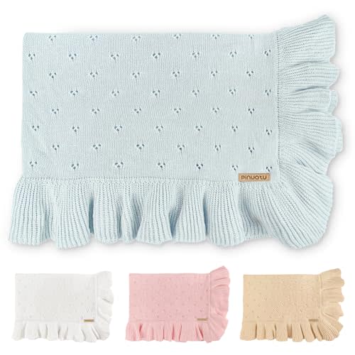 Pinuotu Cotton Pointelle Knitted Baby Blanket with Ruffle Trim, 40x31 Inches, Soft & Cozy for Newborns & Toddlers, Ideal for Swaddling, Crib & Stroller, Elegant Gift Box for All Seasons(Blue)