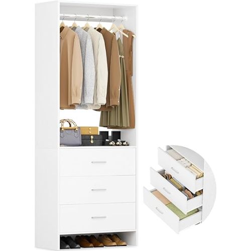 Aheaplus 2FT Closet System with 3 Drawers, 24’’ Closet Organizer, Wood Closet Organizer System, Walk-in Closet or Small Closets Wardrobe, Clothes Rack with Hanging Rods,-E6, White
