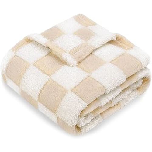 HOMRITAR Baby Blanket for Unisex Boys Girls Soft Cozy Reversible Checkerboard Toddlers Blanket, Fluffy Fuzzy Plush Lightweight Bed Blanket with Chessboard Grid Design 350GSM Khaki 30 x 40 Inch