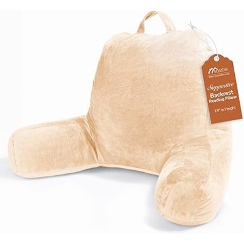 Sasttie Reading Pillow, Velvet Back Pillow for Bed Sitting Up, Adult Back-Rest Support Cushion with Arms for Sit Up on Couch, Sofa, and Floor, Dorm Essentials, Reading Accessories, Camel