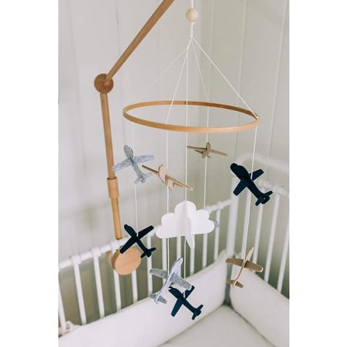 Airplane Nursery Set - Includes Baby Crib Mobile (Airplanes in The Clouds) + Wooden Baby Crib Mobile Arm - for Boys & Girls