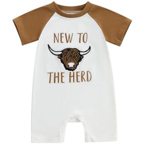 Baby Boy Girl Western Clothes Romper Short Sleeve Bodysuit Cow Print Jumpsuit Playsuit Ribbed Jumpsuit Summer Outfit
