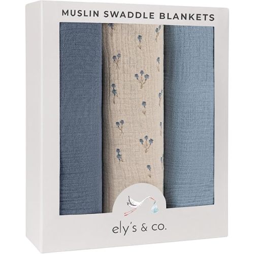 Ely's & Co. Muslin Swaddle Blanket 3-Pack for Baby Boy— 100% Cotton Muslin Extra-Large Swaddle Blankets (47”x 47”) Blue Bluebell