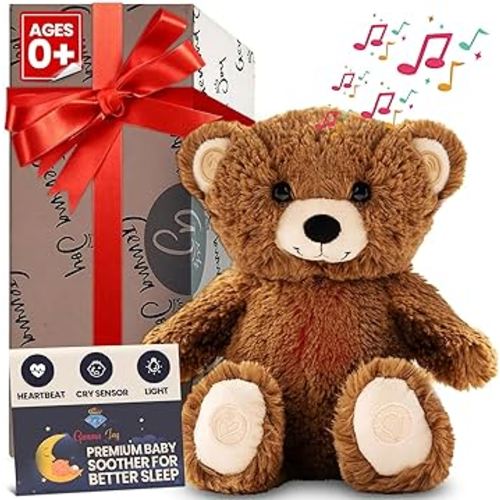 Bedtime Baby Soothers for Sleep, Cry Activated Heartbeat Stuffed Animal for Baby, Newborn, Calming Light, Lullaby Music, White Noise, Shush, Mother’s Heartbeat - (Brown Bear, Rechargeable)