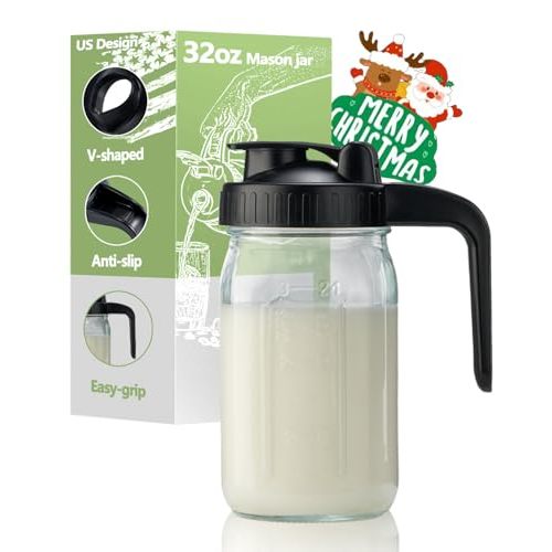 32oz Glass Pitcher with Lid & V-shaped Pour Spout - 1 Quart Breastmilk Pitcher Double Leak Proof, Creamer Container for Sun Tea, Juice, Cold Brew Coffee, Breastmilk Storage Container
