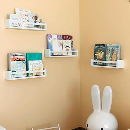 Floating Shelf Wall Set of 4, White Floating Book Shelves for Kids Room,Nursery Shelves,Book Shelf, Display Shelf Organizer Spice Rack for Bathroom, Bedroom, Living Room, Kitchen, Office