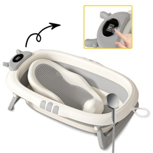 SolarSoda 39in Foldable Baby Bathtub with Thermometer, Portable Infant Bath Tub with Bath Support, 0-72 Months(Grey)