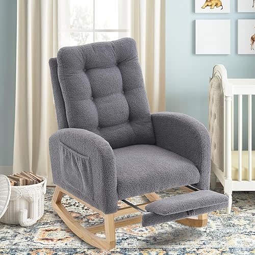 Nursery Rocking Chair with Retractable Foot Rest, Teddy Glider Rocking Chair, Mid Century Rocker Chair, High Back, Solid Wood Legs