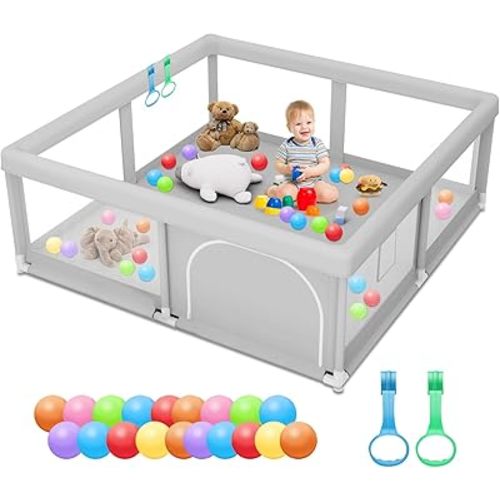 Baby Playpen with Balls and Pull Rings for Babies and Toddlers 50 x 50 inch, Play Yards Indoor, Sturdy Safety Play Pen with Soft Breathable Mesh, Baby Fence